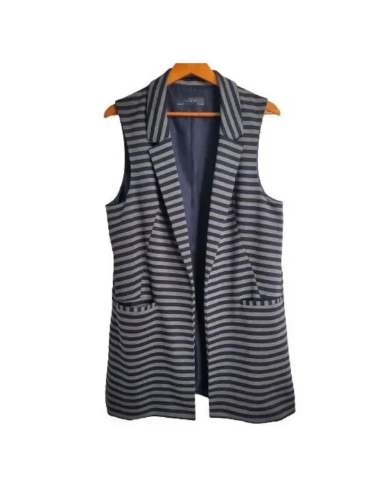 The Limited Women's Navy Blue/Gray Striped Open Front Long Vest Cardigan Sz XL - Picture 2 of 14
